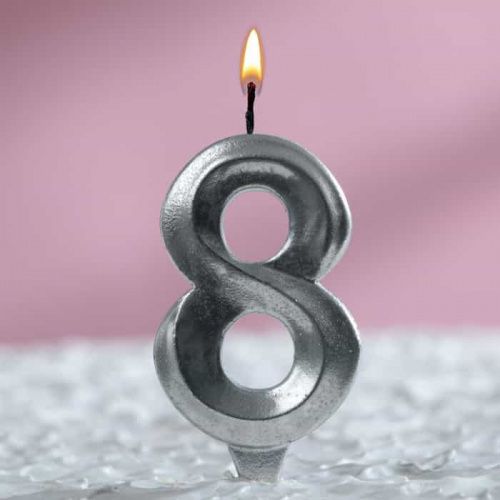 Свеча цифра "8", серебряный металлик
