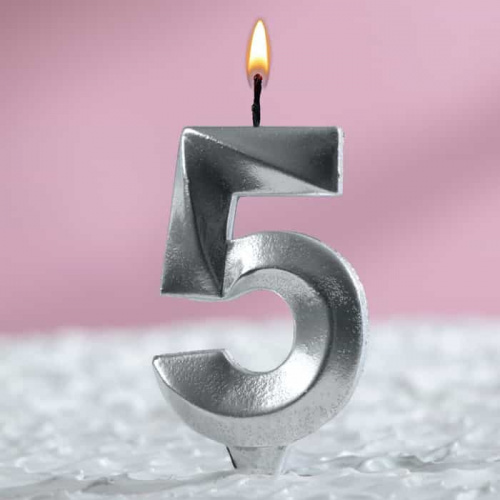 Свеча цифра "5", серебряный металлик
